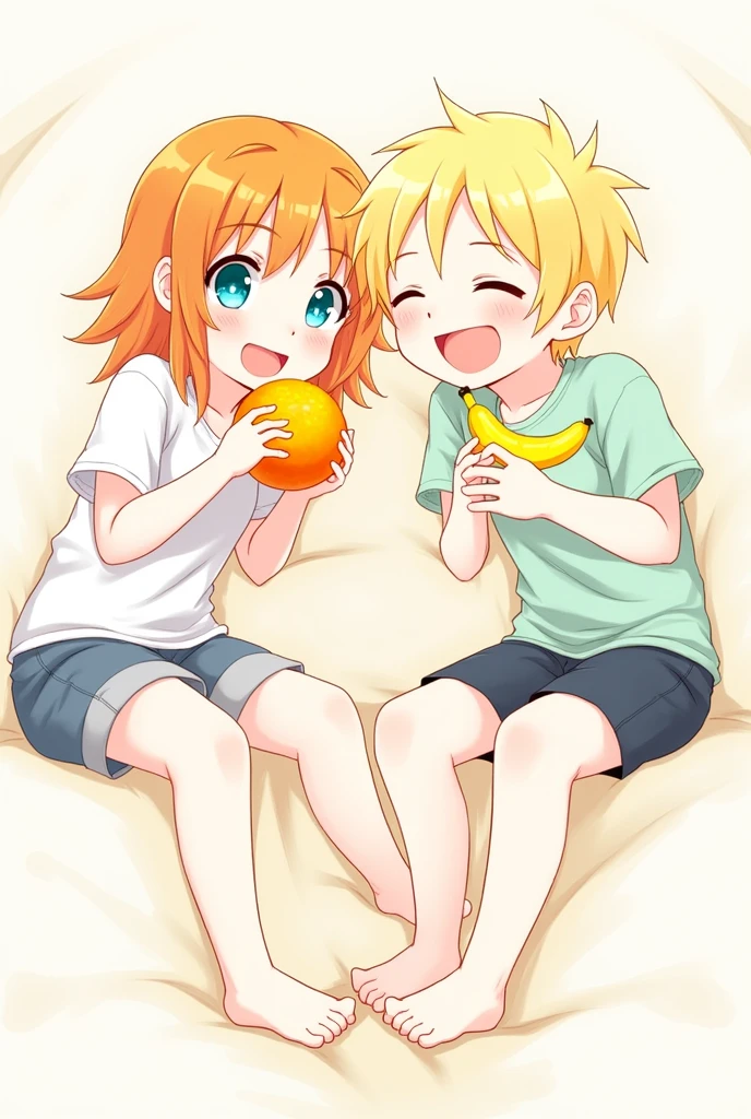 Kaganime Rin eating an orange next to Kaganime Len eating a banana

