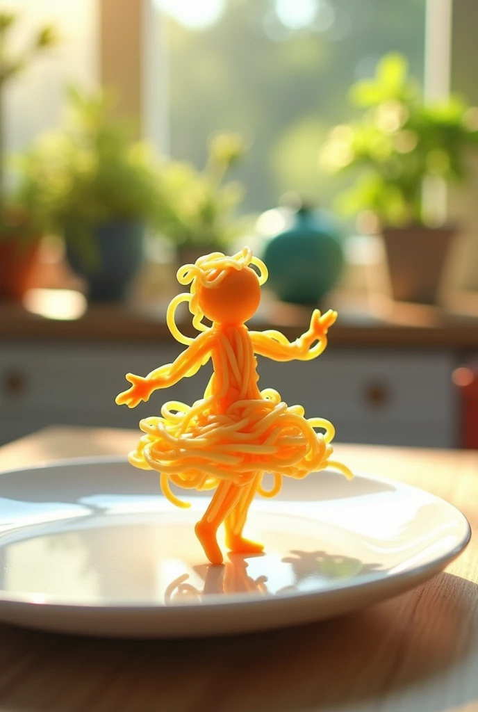 " A whimsical miniature figure composed 
of delicately arranged noodles poised in a carefree dance on the rim of a plate white shiny plate set on a table vibrant kitchen backdrop. where dappled sunlight tilters 