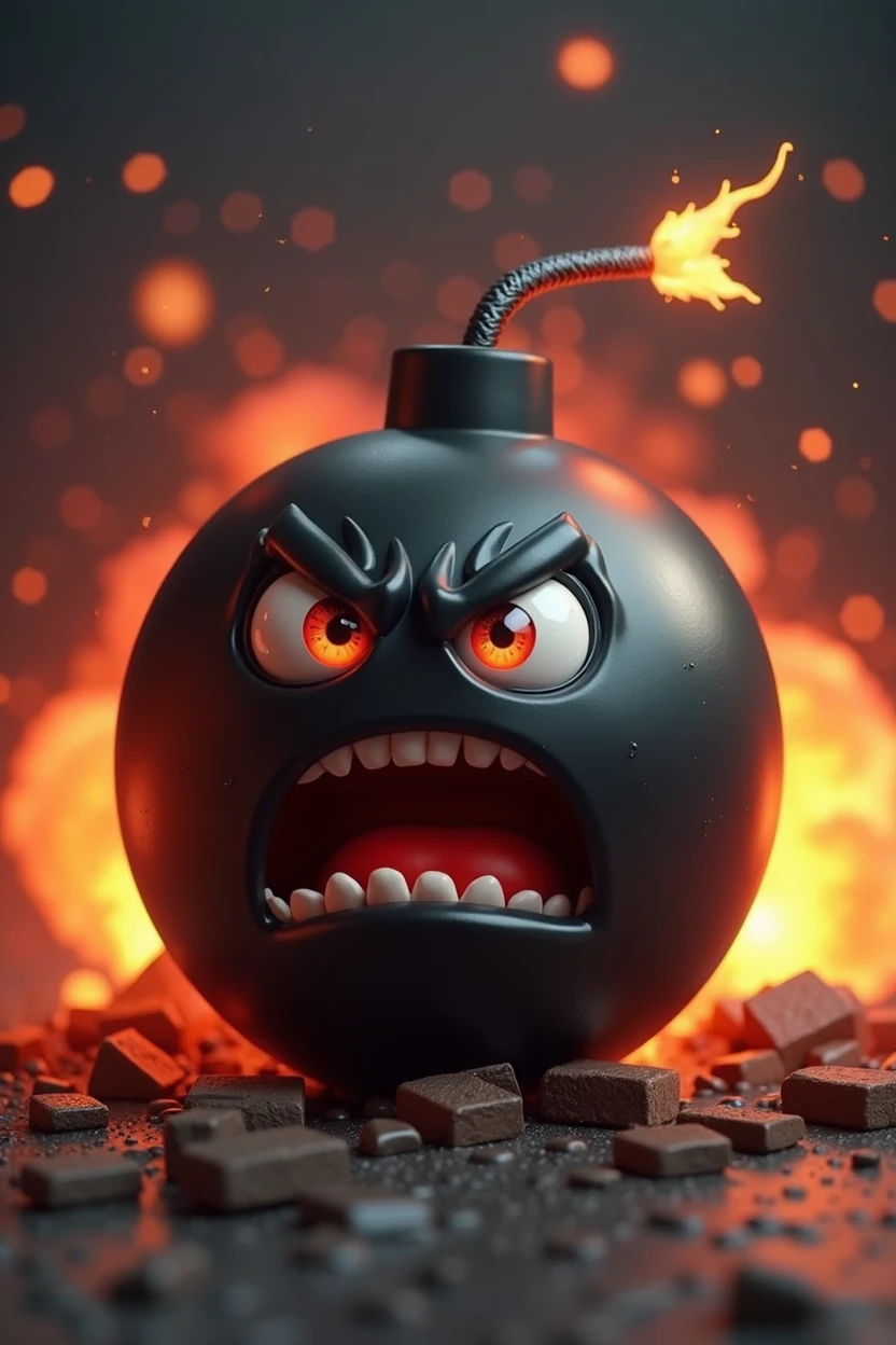 A black bomb about to explode, in 3D style . The bomb must have eyes and a mouth, where her expression is angry.