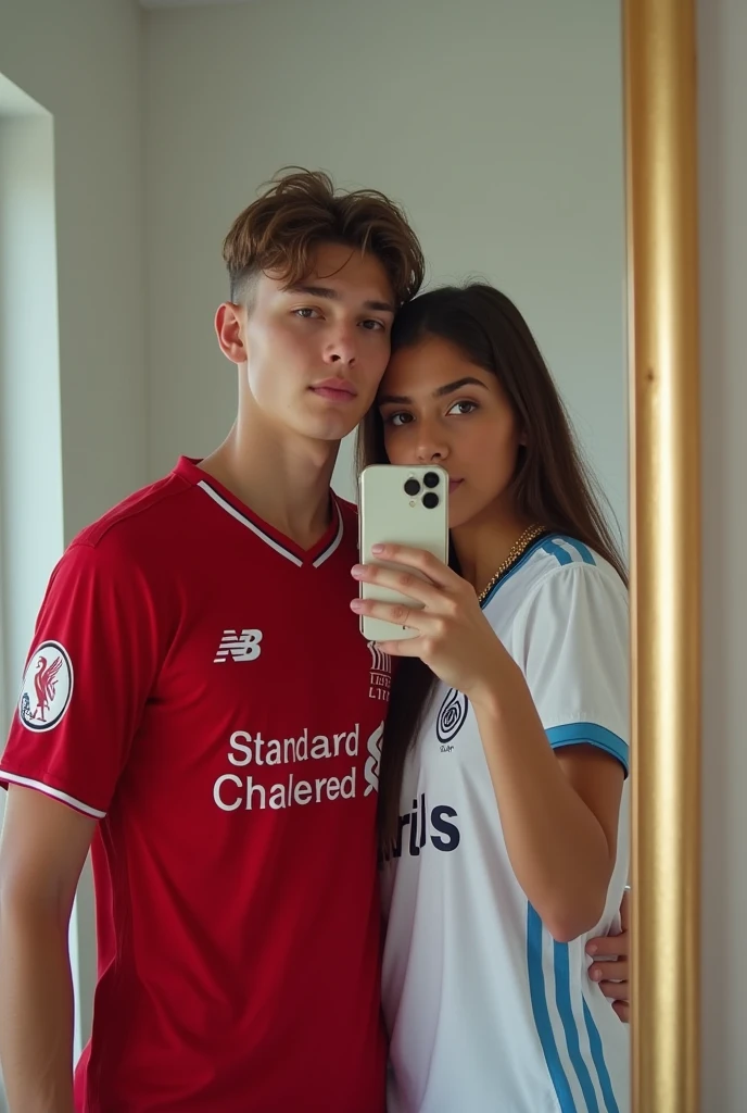 A 22 years old boy, who wear a Liverpool Jersey.. And and a years girl who wear a real madrid 2024 home kit Jersey.. They are couple and
They click mirror selfie