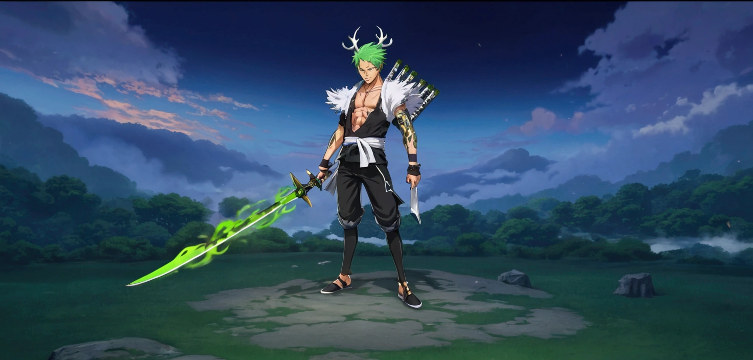 Zoro, standing alone, Looking at Viewer, sorrido, short hair, Eyes red, class 1, holding, jewelry, upperbody, missiles, male focus, aretes, Japanese clothing, green haired, antlers, elsword, kimono, segurando missiles , from sideways, tatoo, Ablaze, cicatriz, segurando elsword, katana, scar on the face, scar on eye, Detailed muscle physics, photorealistic representation, 4k resolution. The dark background has a green fire effect