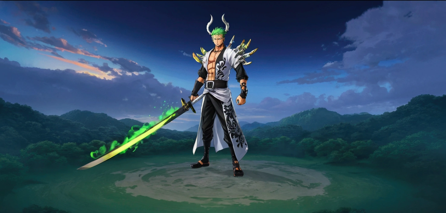 Zoro, standing alone, Looking at Viewer, sorrido, short hair, Eyes red, class 1, holding, jewelry, upperbody, missiles, male focus, aretes, Japanese clothing, green haired, antlers, elsword, kimono, segurando missiles , from sideways, tatoo, Ablaze, cicatriz, segurando elsword, katana, scar on the face, scar on eye, Detailed muscle physics, photorealistic representation, 4k resolution. The dark background has a green fire effect