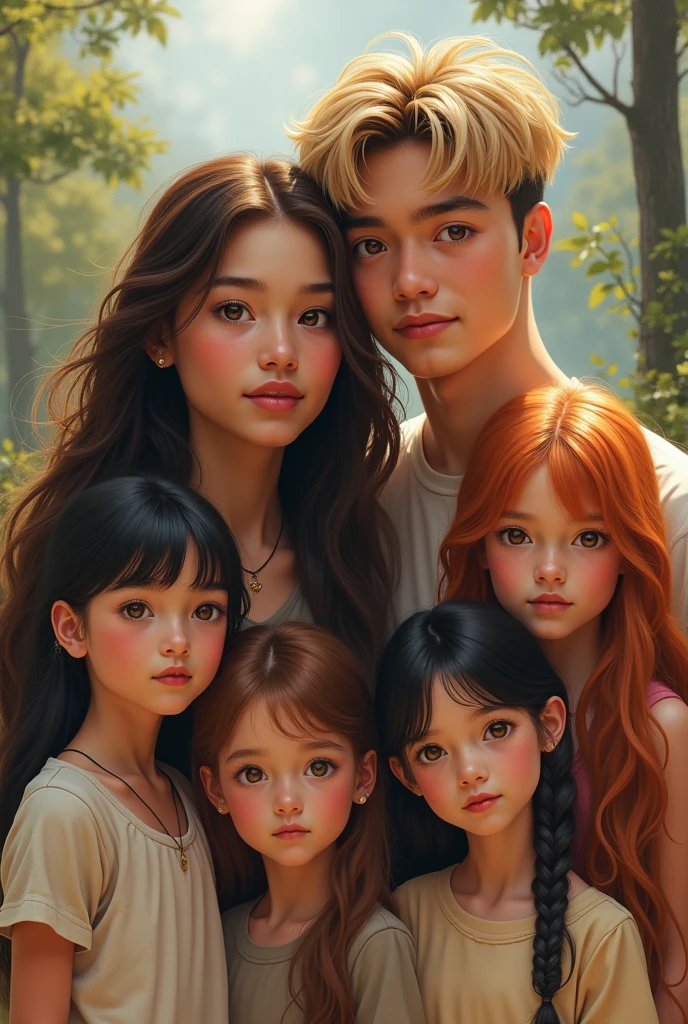 Girl with brown hair of 20 years with a man of 20 years with blond hair and with 4 daughters one less than 4 years with black hair and the other sister 5 years black hair the other sister 10 years with black Lazio hair and the other 16 years orange hair and half red 4 sisters but they are all very realistic 4 daughters 4