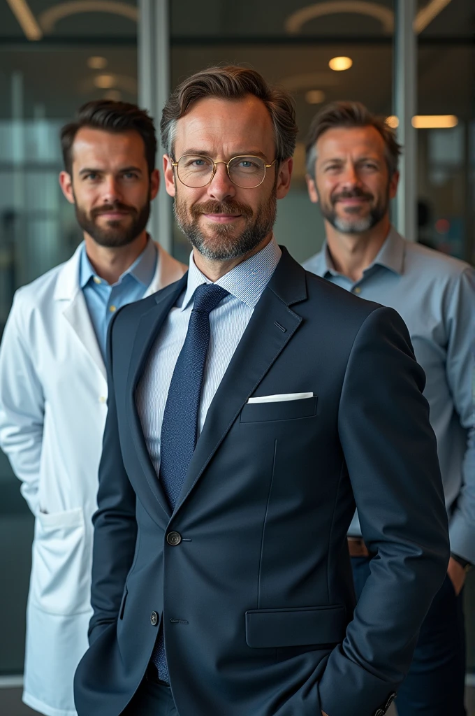 3 handsome men where 1 is employee in medical lab and 2nd is a entrepreneur and 3rd is a engineer all men stand with swag and little smile in their face 