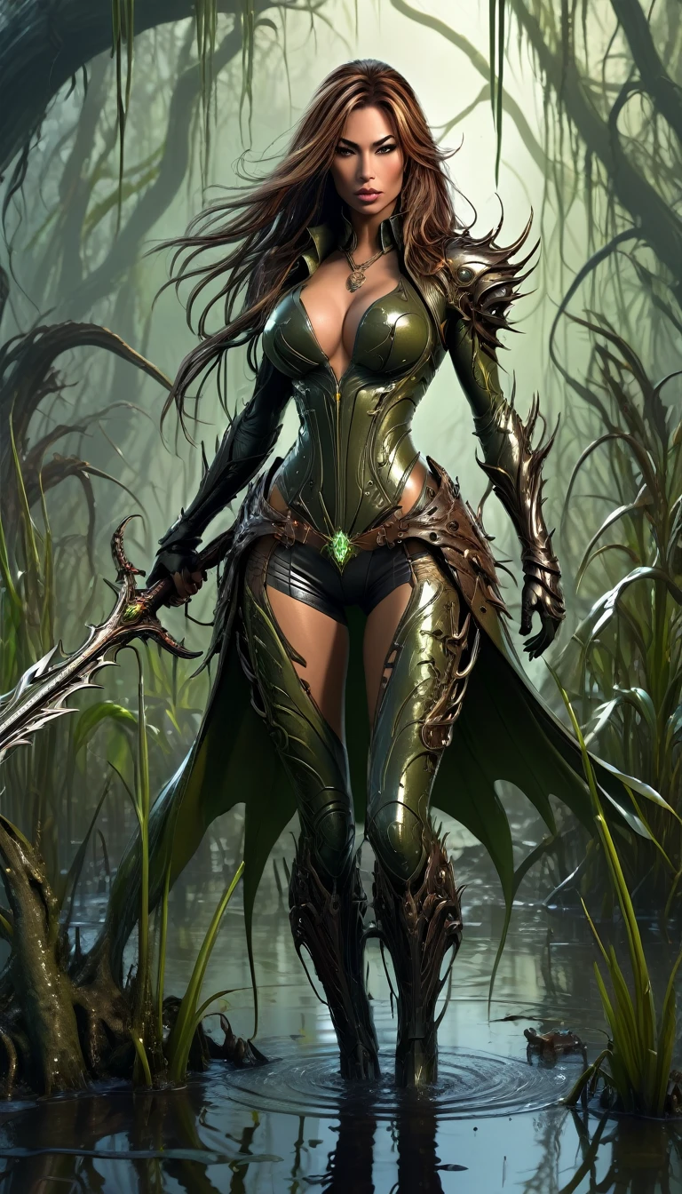Steampunk Witchblade , full body blending in a swamp, anatomy, centered, approaching perfection, dynamic, highly detailed, artstation, concept art, smooth, sharp focus, illustration, n, unique, award winning, masterpiece, looking at viewe-- ar 9:16 , -- Chaos 100