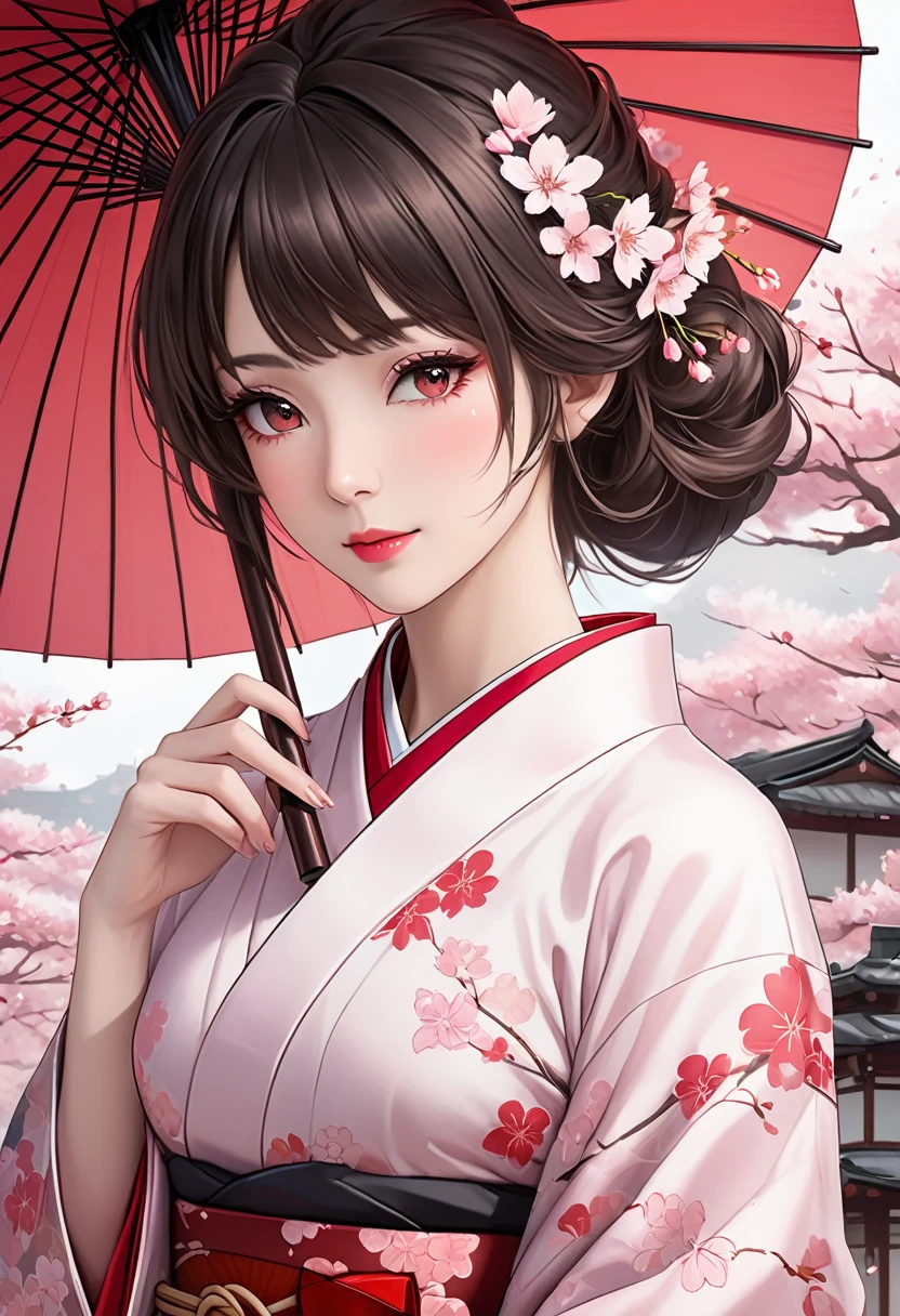 A hyper realistic Anime style portrait, Create a digital painting of an elegant woman dressed in a traditional Japanese kimono with a modern twist. The kimono is primarily black, providing a strong and sophisticated base, and features red and pink cherry blossom patterns that add warmth and delicacy. The red obi (belt) complements the kimono and adds a vibrant contrast. The woman is holding a large red umbrella above her, with subtle highlights that suggest sunlight filtering through. Her eyes are closed, exuding grace and serenity, and her hair is styled in a neat updo with soft waves. The background should depict a serene Japanese garden with cherry blossom trees in full bloom and a traditional pagoda structure in muted reds, with soft pastel hues creating a peaceful atmosphere. The textures should be smooth and polished, with the kimono appearing silky and luxurious, and the cherry blossoms delicate and soft. The overall atmosphere should be calm and sophisticated, with a harmonious blend of colors and textures that emphasize the character’s elegance and the serene setting