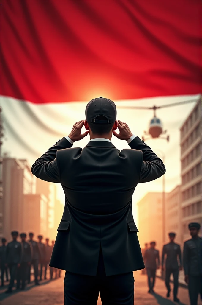 16:9 film poster with the title "DIRGAHAYU NKRI 79THN". bold 3d writing is clearly visible on the front. handsome Indonesian man aged 20 years. ideal body. wearing a black suit, wearing a black cap on his head. shoes. walking. hands to eyebrows. visible respect.heads up.red and white flag flying in the background.appears 17 August independence day.buildings,army,,helicopter.best quality,lens flare,shading,bloom,HDR,high contrast.high.8k.bokeh