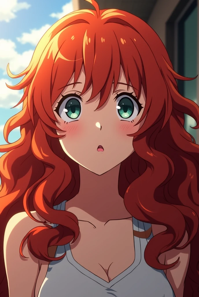 Screenshot of My hero academia Curly hair girl , perfect curls , long and red , pink lips , small waist.
