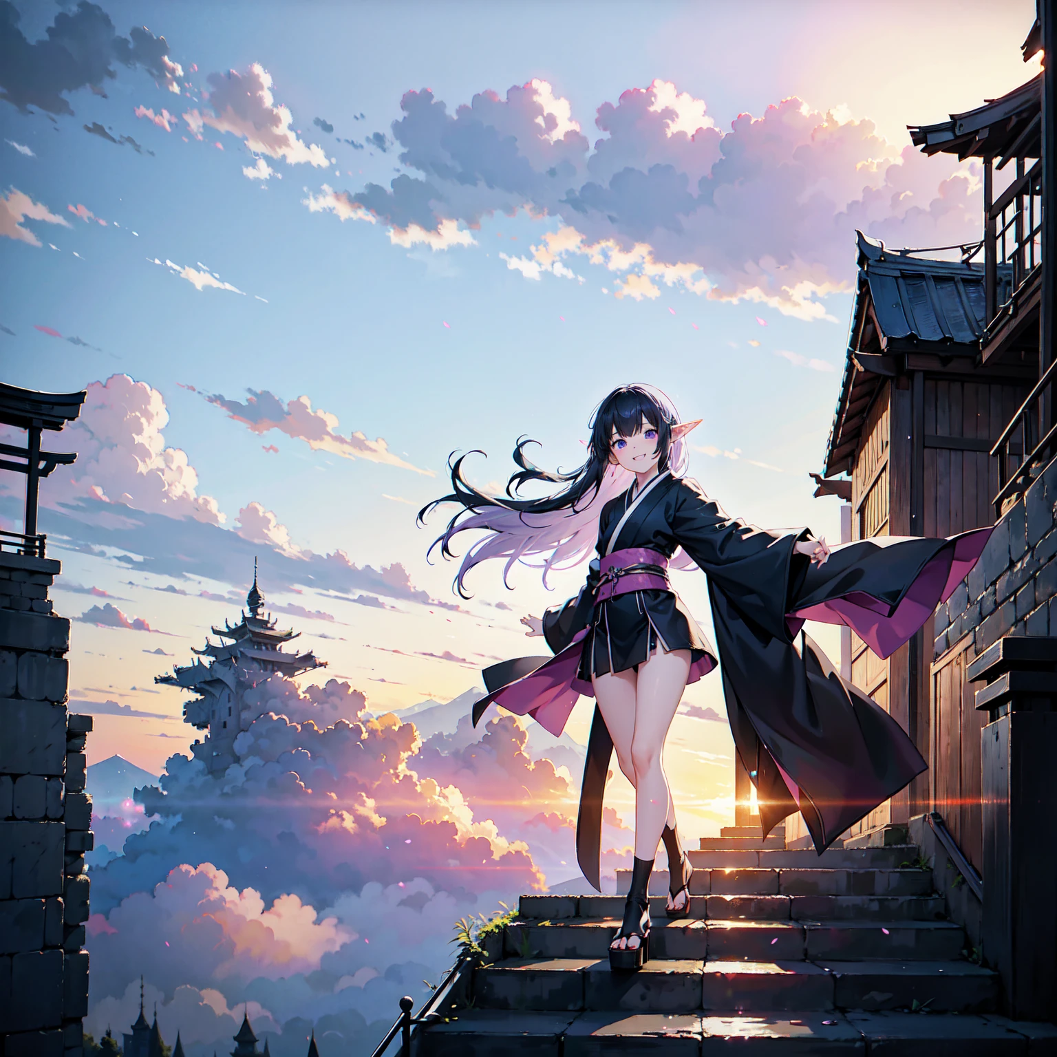 A girl with long pale purple hair. Pointy elf ears. Her clothes are simple: a black robe with wide sleeves and a black miniskirt. Her knees are showing. The front has a V-shaped white insert like a kimono. A big smile. Gentle face. Background, Bright painting, Makoto Shinkai, floating ruins, floating in the sky, above the clouds, stairs in the sky, illustration, nostalgic, vivid, background only, bright, refreshing, stairs, sunset