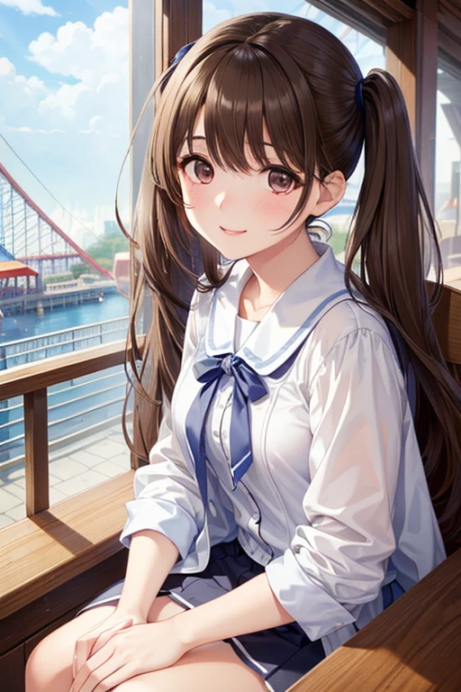 anegasaki nene、Shiny brown hair, High Twintails、 (Beautiful brown eyes、Sparkling eyes, Fine grain)、smile、Ultra-detailed eyes、Highly detailed face, Highly detailed eyes,


(masterpiece,Highest quality,High resolution,Highest quality,Super Details),8k,wallpaper,An illustration,

Highest quality、masterpiece、High sensitivity、High resolution、Detailed Description、One person、Slender women、The body is slim、Ride the Ferris wheel at an amusement park、sit facing each other、Proximity、smile、