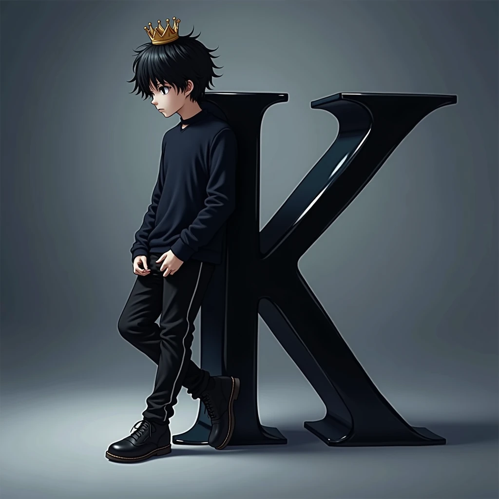 Light skinned anime boy, black hair with a crown on his head large leaning on the letter K and looking down the letter along with the background is black as the abyss 