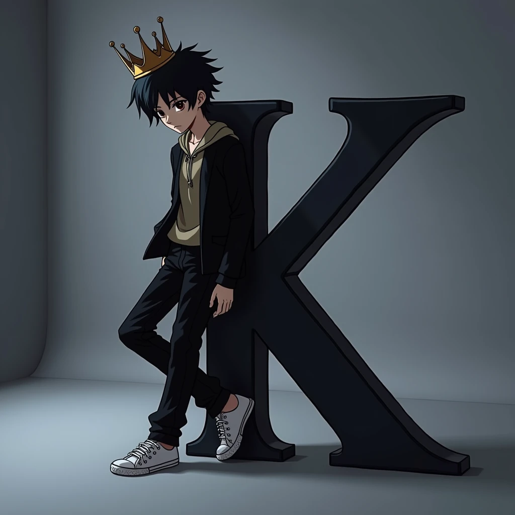 Light skinned anime boy, black hair with a crown on his head large leaning on the letter K and looking down the letter along with the background is black as the abyss 