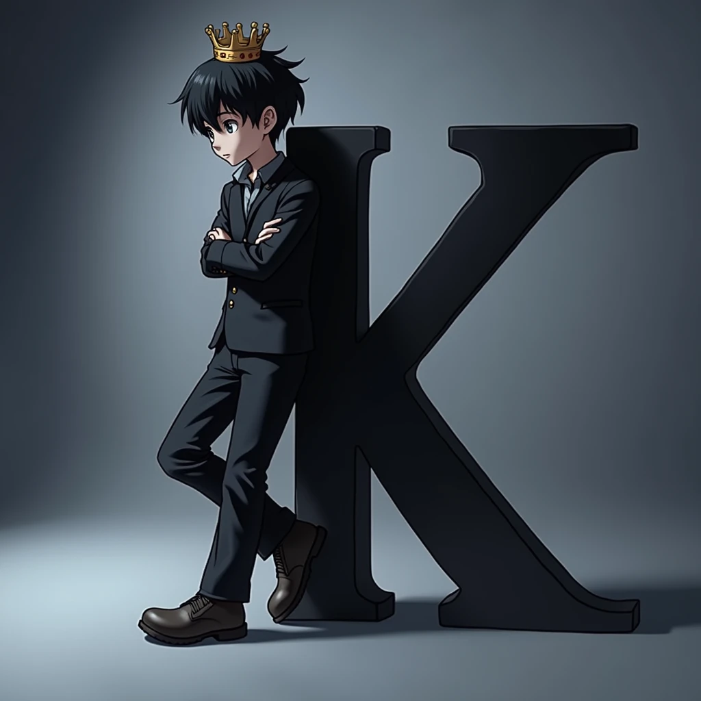 Light skinned anime boy, black hair with a crown on his head large leaning on the letter K and looking down the letter along with the background is black as the abyss 