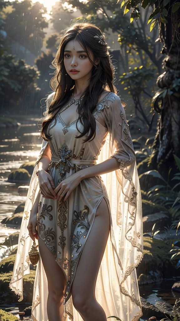 4K, UHD, Masterpiece, 1 girl, good face, detailed eyes, ((very long hair)), bridal hairstyle, erfly on hair, ornaments, crystal ornaments, jwellery, block print dress, ((brown dress)), very detailed dress, strap dress, flowing cape, mesh stocking, cinematic unreal scenery, legendary scenery, rainy weather, wet ground, depth of field, ray tracing, bloom, god rays, lens flare, sun flare, cinematic pose,