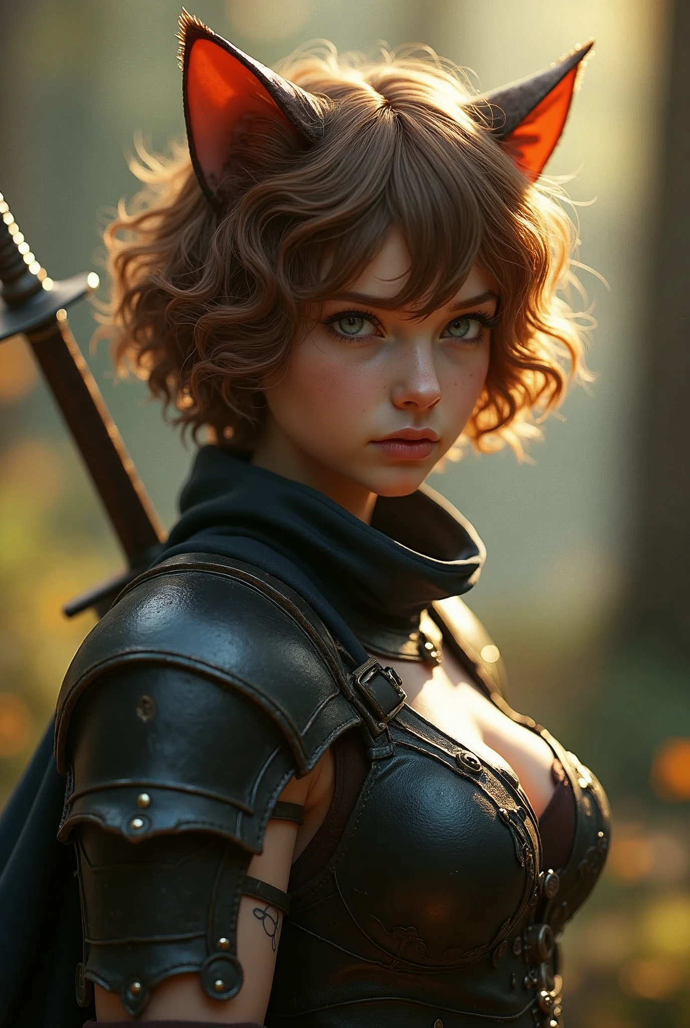 8k,写真を撮るsmall breasts cat girl, small breasts cat girl, Her light brown hair and short curly hair are Charm., Fantasy art, little cat girl, Vojtek Fas,Very small and black breastplate, Chiquita, Trending on cgstation,In the woods,Stern expression,Light brown permed short hair,Charm,Ultra-high resolution,Realistic Skin,has cat eyes,Rich colors, Backlight, Cinema Lighting, Film Grain, 50mm lens, Nikon D850,Ultra-high resolution,Ultra-realistic,Compensate,Super sexy,Very violently、Strong Abs,Big eyes,whole body muscular,concentrate,Strengthen all body muscles,Dynamic pose,と黒のVery small breastsの胸鎧,黒のbattleズボン,Very small breasts,Holds a short sword,anger,battle,