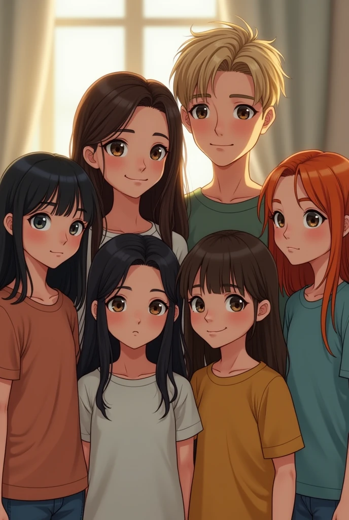 Girl with brown hair of 20 years with a man of 20 years with blond hair and with 4 daughters one less than 4 years with black hair and the other sister 5 years black hair the other sister 10 years with black Lazio hair and the other 16 years orange hair and half red 4 sisters but they are all very realistic 4 daughters 4 