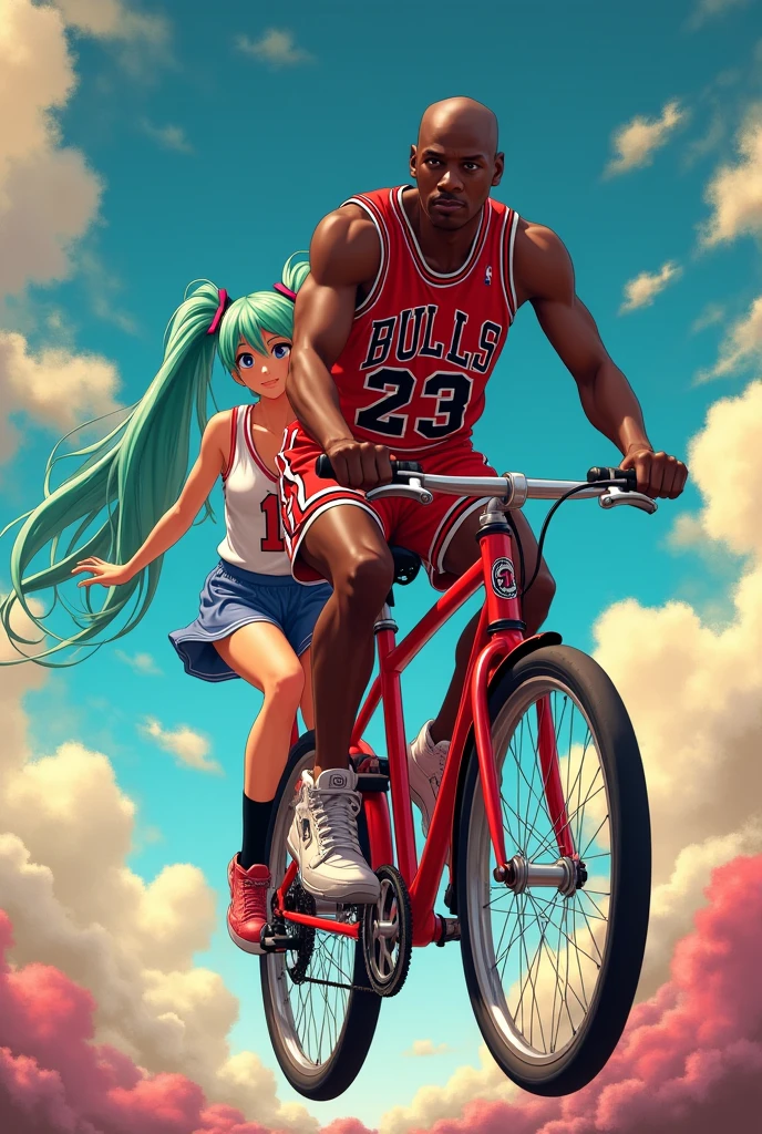 Michael Jordan and Hatsune Miku riding a tandem bicycle