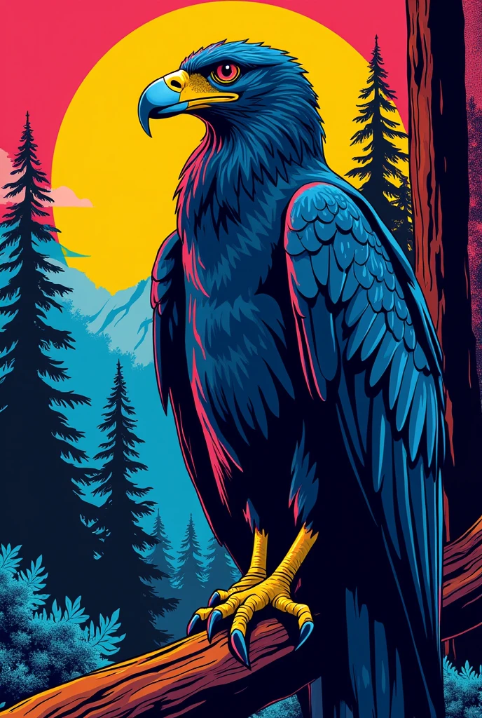 Understood. Here I leave you a tight description for a single condor:

---

"A pop art illustration featuring a majestic condor perched on a tree in a forest setting. The condor is the central focus, Rendered in a modern style with vibrant and saturated colors, like electric blue, Deep red and bright yellow. Its contours are thick and defined, giving a graphic and stylized look. The forest background has a contrasting color pattern, with greens and purples that highlight the figure of the condor, while some trees have geometric textures that add a contemporary touch. The image also includes halftone details and lines characteristic of pop art., inspired by the style of Roy Lichtenstein."