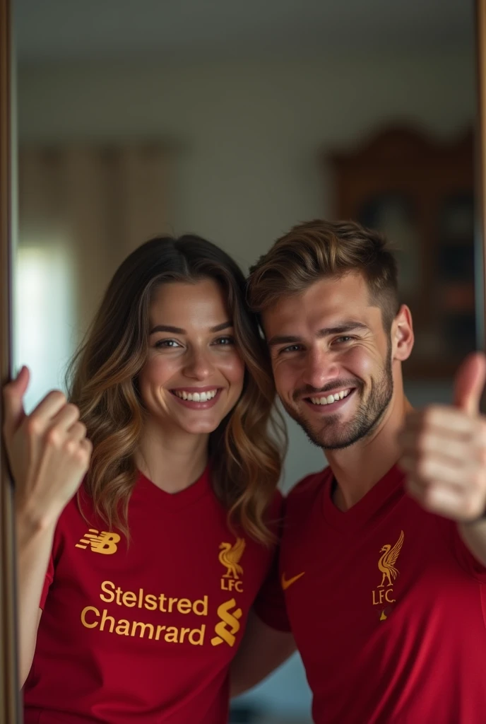A 22 years old boy, who wear a Liverpool Jersey.. And and a years girl who wear a real madrid 2024 home kit Jersey.. They are couple and
They click mirror selfie
