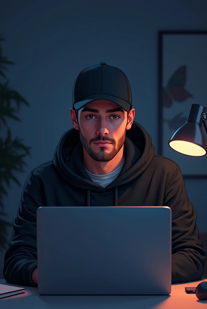 Manly handsome looking 20 year old male business character, a cap, black hoodie. He is sitting behind his laptop in his studio, working in laptop, arms on his desk, using a laptop. It is night. The room is minimalistic. He is front facing to the camera, looking straight and centered, central portrait, sitting straight, front view, centered looking straight, looking straight at the camera facing the screen, looking at the camera, straight at front. The overall ambiance of the image should convey a connection to minimalism, flat illustration, bold line, minimalism, simplified,