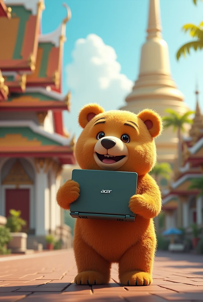 I want travel picture that feel adventurous in the scene is take place in Thailand , have Thailand landmark also I want butter bear hold laptop acer in the middle of picture