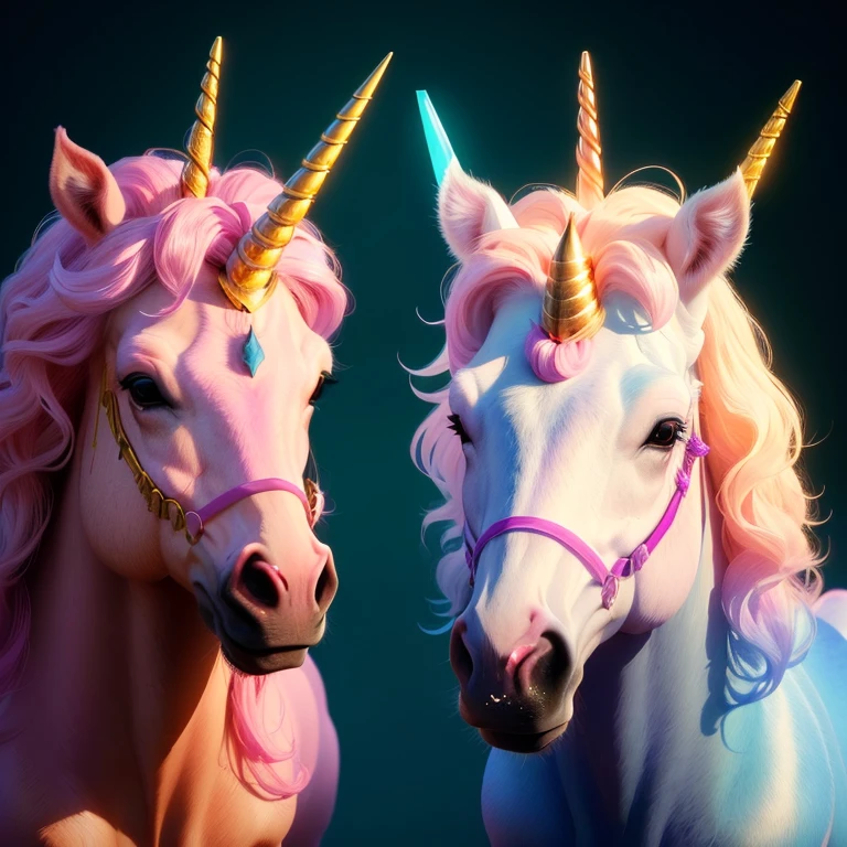 there are two unicorns with pink hair and gold horns, unicorns, ultra realistic 3d illustration, unicorn, unicorn horn, unicorn from the tusk movie, ultra realistic illustration, mythical whimsical creatures, jen bartel, 3 d render stylized, stylized as a 3d render, rendered in cinema 4 d, rendered in cinema4d, realistic fantasy illustration