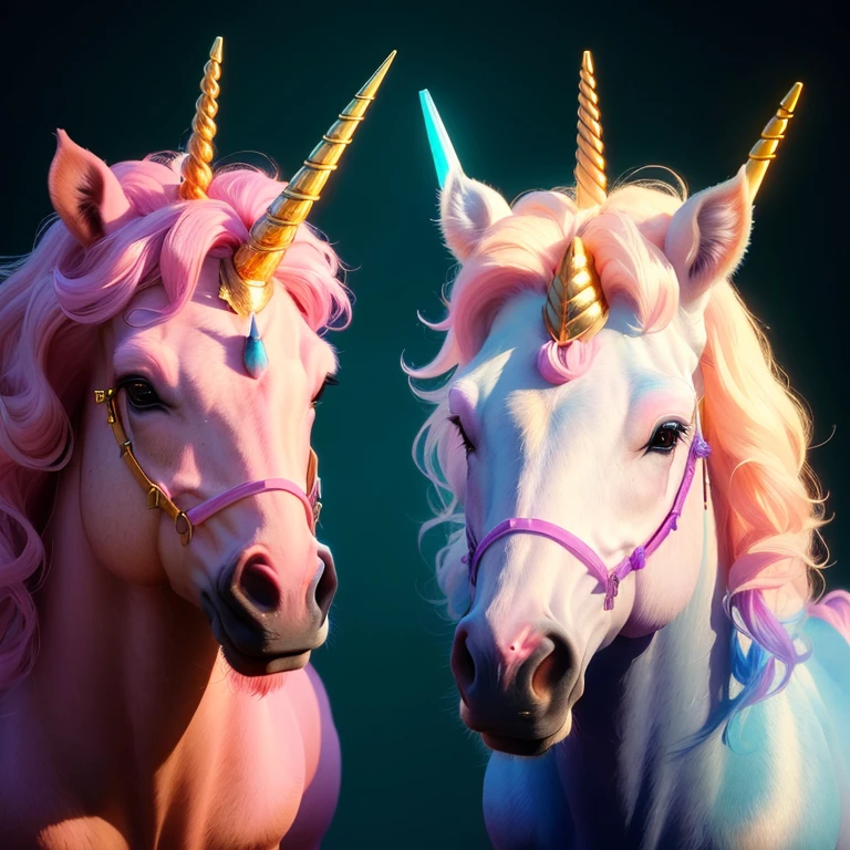 there are two unicorns with pink hair and gold horns, unicorns, ultra realistic 3d illustration, unicorn, unicorn horn, unicorn from the tusk movie, ultra realistic illustration, mythical whimsical creatures, jen bartel, 3 d render stylized, stylized as a 3d render, rendered in cinema 4 d, rendered in cinema4d, realistic fantasy illustration
