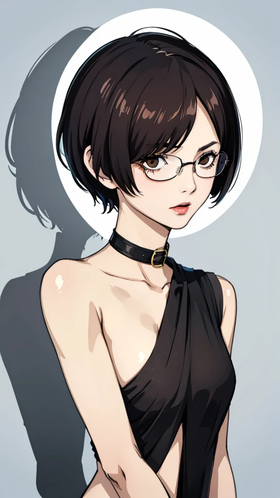1 girl, milf, brown eyes, very Short hair, hair over one eye, black choker, lipstick, sad, black hair, tomboy Pixie haircut, tomboy Pixie haircut, no top, naked, (round glasses), small breast, portrait, perfect body, face portrait