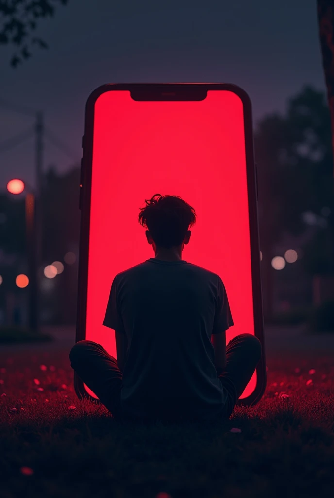  image of a genz man  (seated 
back view) watching Netflix on phone. the phone needs to have a larger than life perspective as if the boy was infront of a large phone screen (seems like a theater screen). Keep it to night light with shades of black,red, purple .
