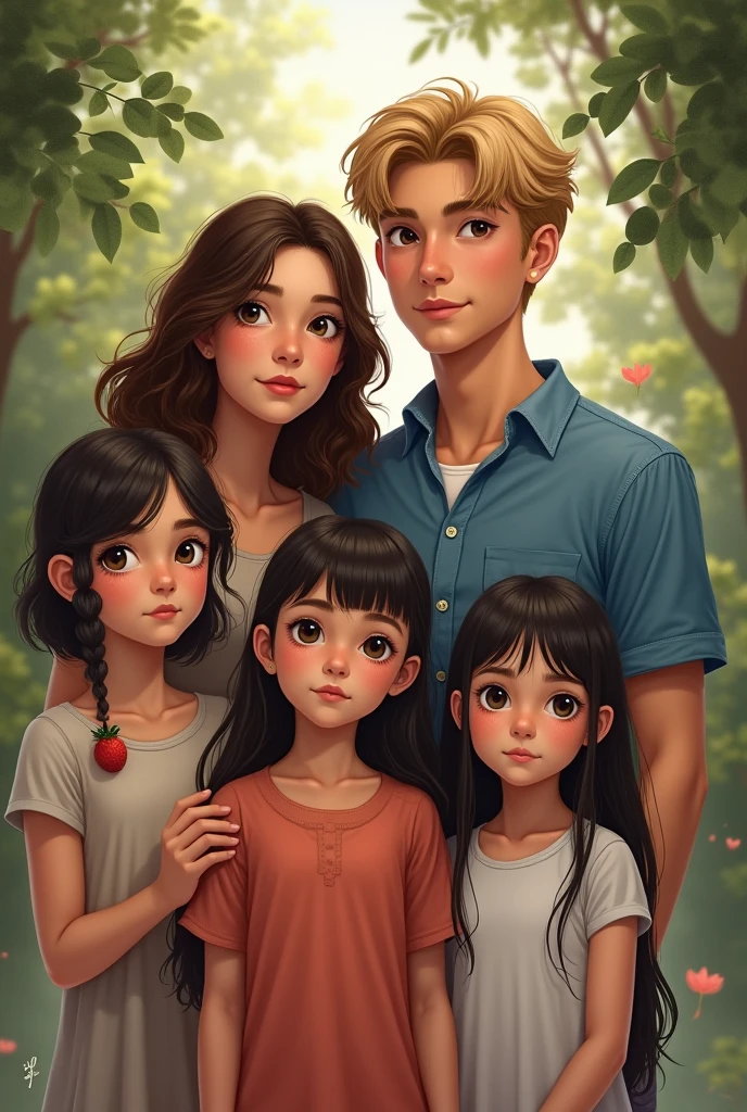 Girl with brown hair of 20 years with a man of 20 years with blond hair and with 4 daughters one less than 4 years with black hair and the other sister 5 years black hair the other sister 10 years with black Lazio hair and the other 16 years orange hair and half red 4 sisters but they are all very realistic 4 daughters 4