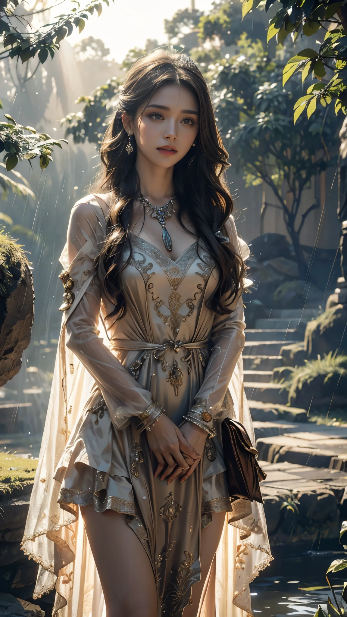 4K, UHD, Masterpiece, 1 girl, good face, detailed eyes, ((very long hair)), bridal hairstyle, butterfly on hair, ornaments, crystal ornaments, jwellery, block print dress, ((brown dress)), very detailed dress, strap dress, flowing cape, mesh stocking, cinematic unreal scenery, legendary scenery, rainy weather, wet ground, depth of field, ray tracing, bloom, god rays, lens flare, sun flare, cinematic pose,