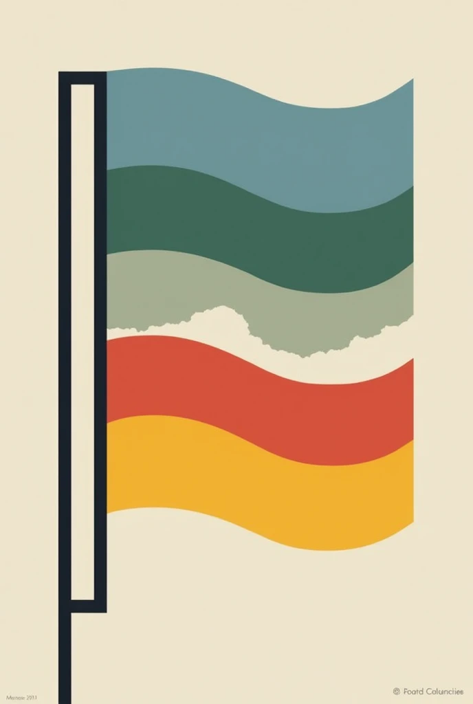 A square flag, with the colors: rot,cerulean, strong green, offwhite, yellow. And the black edges