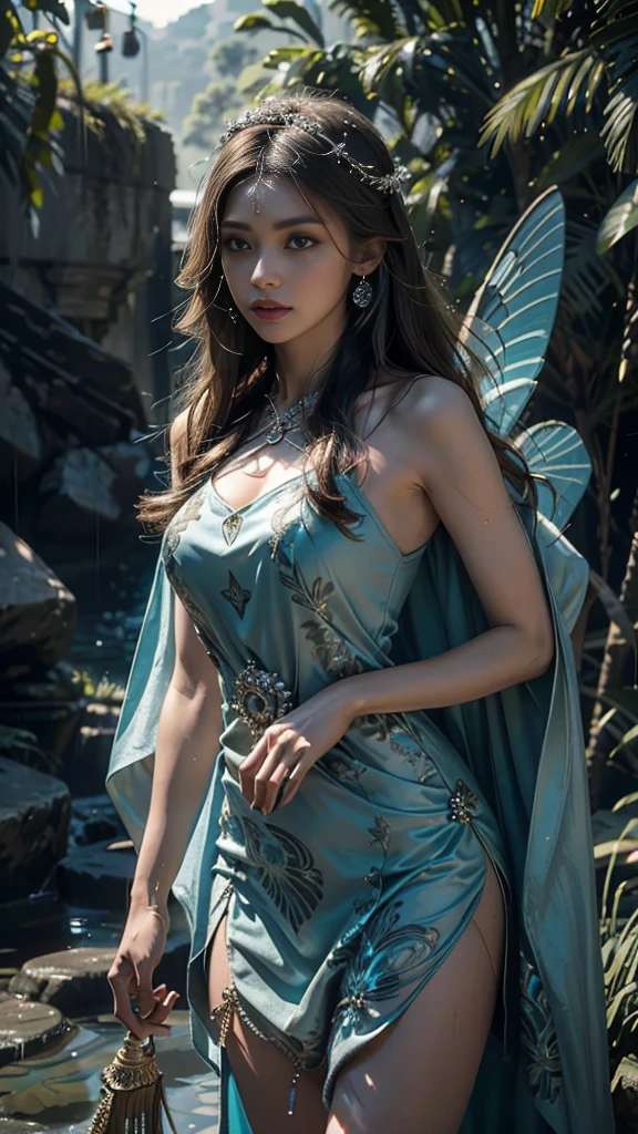 4K, UHD, Masterpiece, 1 girl, good face, detailed eyes, ((very long hair)), bridal hairstyle, butterfly on hair, ornaments, crystal ornaments, jwellery, block print dress, ((teal dress)), very detailed dress, strap dress, flowing cape, mesh stocking, cinematic unreal scenery, legendary scenery, rainy weather, wet ground, depth of field, ray tracing, bloom, god rays, lens flare, sun flare, cinematic pose,