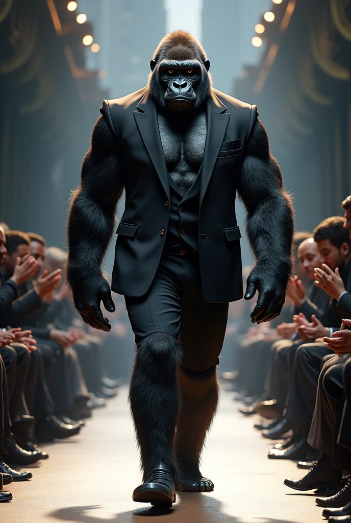 A gorilla walking down the runaway at a fashion show,