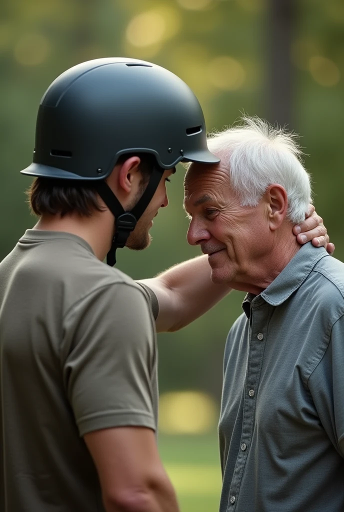 young man with helmet in hand outstretched arm hits helmet on forehead of another elderly man without helmet.