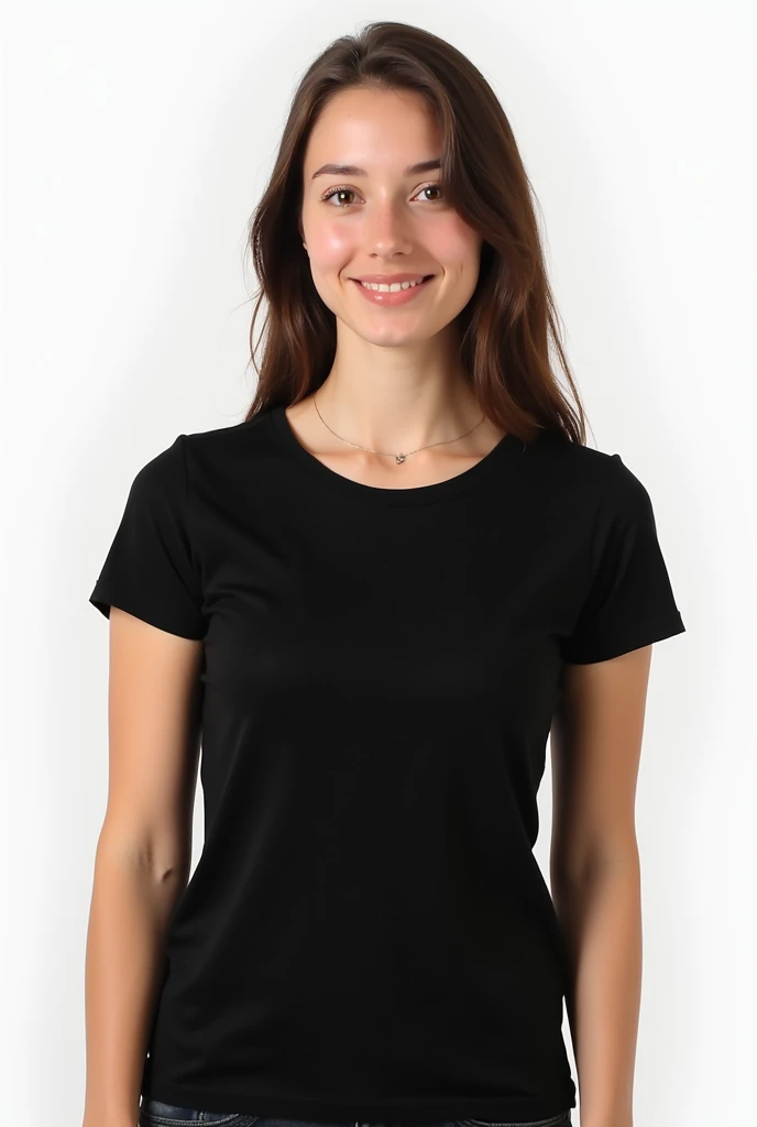 young woman in black t-shirt, smooth and unisex, on white background