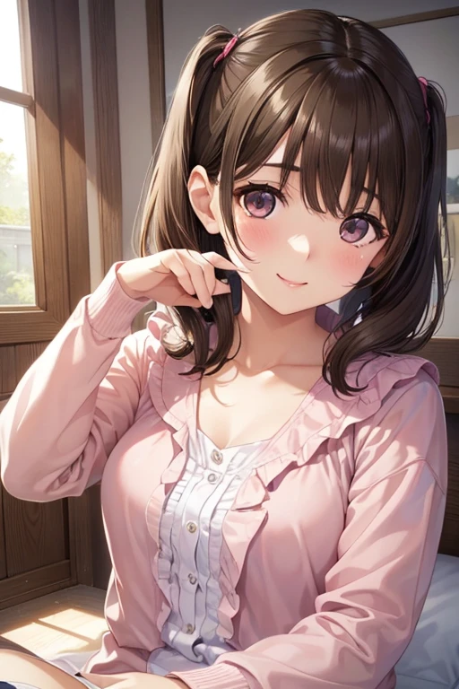 anegasaki nene、Shiny brown hair, High Twintails、 (Beautiful brown eyes、Sparkling eyes, Fine grain)、smile、Ultra-detailed eyes、Highly detailed face, Highly detailed eyes,
(masterpiece,Highest quality,High resolution,Highest quality,Super Details),8k,wallpaper,An illustration,
One boy,Shooting hand、throw, Lift the smartphone screen、Girl on smartphone screen、Smartphone screen in front of the screen、Smartphone Focus、One girl、Girl in the back、、Shiny pink bed、Sexy Mature、Browsing Caution