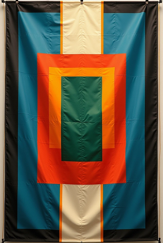 A square flag, with the colors: rot,cerulean, strong green, offwhite, yellow. And the black edges