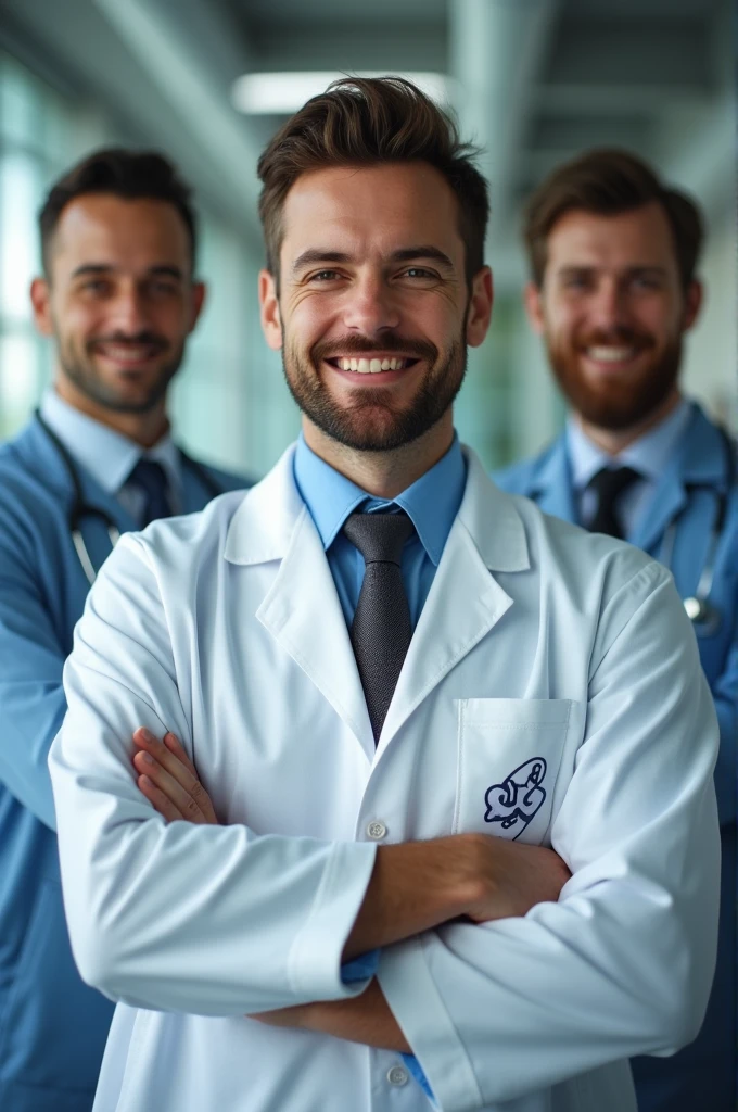 ((best quality)), ((masterpiece)), (detailed), perfect face 3 men stand with swag full photo 1 is employee in medical lab 2nd is entrepreneur and 3rd is engineer
