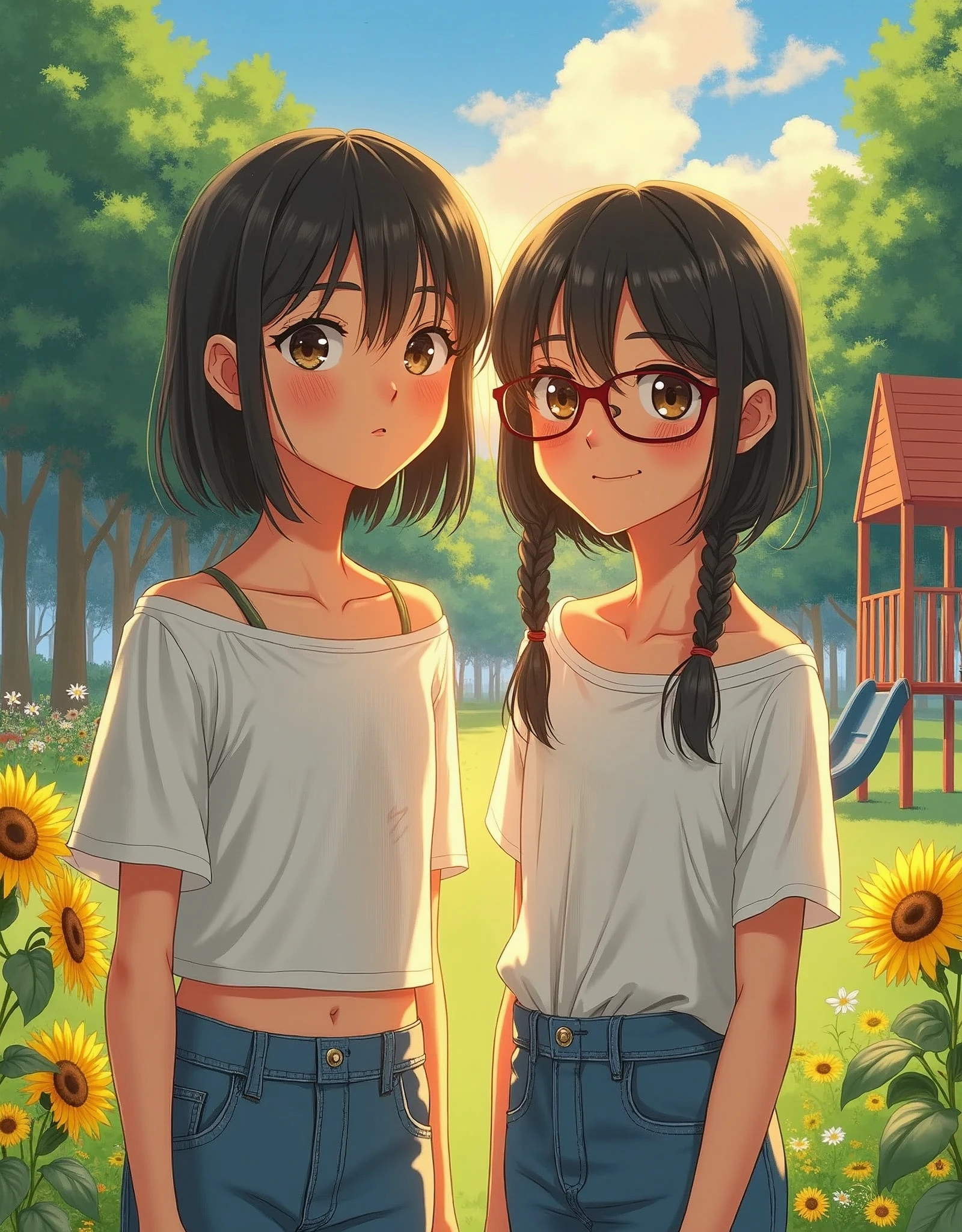 (masterpiece:1.2, best quality), 1lady, solo, upper body, big tits, Dark wash skinny jeans, oversized sweater, ankle boots, Loose waves, center part, simple hoop earrings, green Park,(high quality),Two Girls,10 years old,Baby Face,Very short stature,very small flat chest,Very flat chest that looks like it might expand,Very thin limbs,Thin thighs,Oversized white printed t-shirt,Off the shoulder,naked,Glasses,Sandals,Summer Park,Summer vacation,(Playground equipment in the park),smile,blush,At dusk,Beautiful sunset,sunflower,flower,bright,bright色,watercolor, Ghibli style,Bruises and gestures,Accurate and detailed female fingers,Dynamic pose. --v 6 --s 1000 --c 20 --q 500 --chaos 100