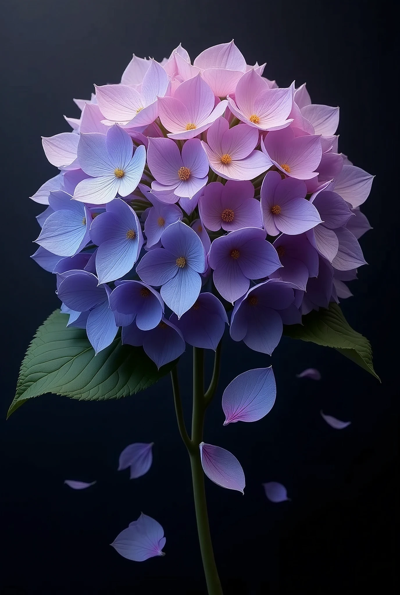I need a background that highlights the colors, with petals of a hydrangea, the petals falling from the flower and that are highlighted in black.