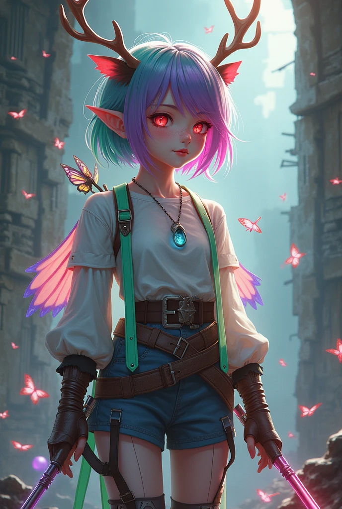 ((Best Quality)), ((masterpiece)), (detailed), (original), (realist), girl short green and fuchsia violet hair, medium fire red eyes, Elf's ears, soft smooth skin, small mouth, pink, glow, freckled, elk antlers, introvert, shy, angelic, Whole body, pants with belt, white shirt with details, cyan pendant, leather boots with pointed toe, transparent stockings, zodiac, survivor, dystopian ruins background, textura refinada glow, bow and arrow costume, mixed clothing, violet locks of hair, butterflies and phoenix, tangled in ribbons, combat potion, Angel wings,