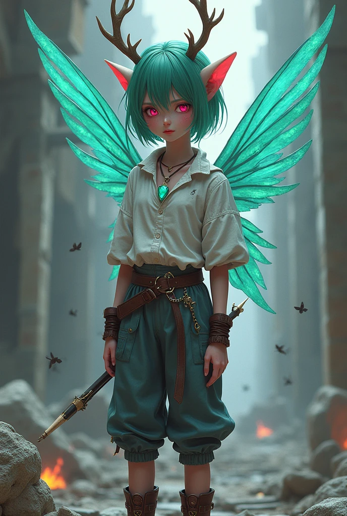 ((Best Quality)), ((masterpiece)), (detailed), (original), (realist), girl short green and fuchsia violet hair, medium fire red eyes, Elf's ears, soft smooth skin, small mouth, pink, glow, freckled, elk antlers, introvert, shy, angelic, Whole body, pants with belt, white shirt with details, cyan pendant, leather boots with pointed toe, transparent stockings, zodiac, survivor, dystopian ruins background, textura refinada glow, bow and arrow costume, mixed clothing, violet locks of hair, butterflies and phoenix, tangled in ribbons, combat potion, Angel wings,