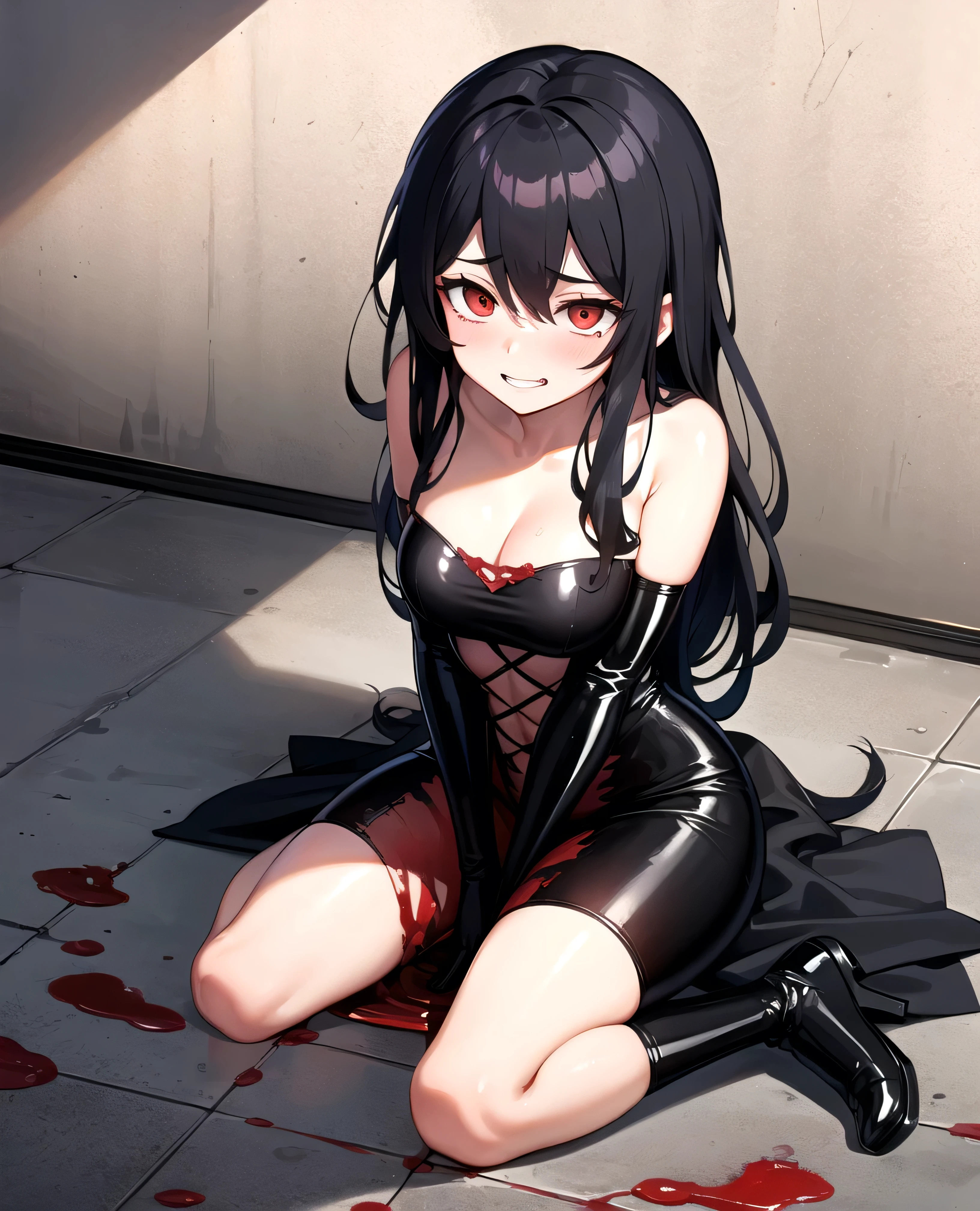 ((Yandere, Yandere simulator, knife, crazy, ,    ,  stained clothes, 血 on the floor, 血 on the wall, reflection, scared)), (Long Hair, Black and red hair, Red eyes, Bright Eyes, blush, ), Dramatic lighting, Reddish lighting, Blurred Background, , Look at us, (Wicked Smile), ((Evil Face)), (Horror, dark),black latex.One Girl,elbow gloves,shaded face(eyes in shadow)