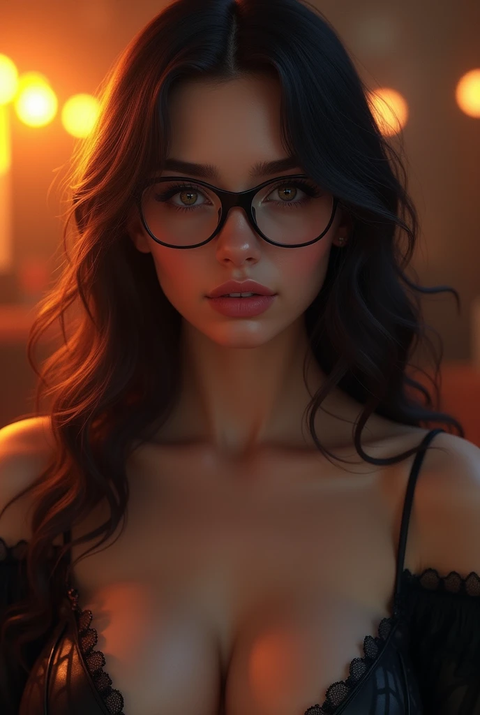 (Masterpiece:1.3), (8k, Photorealistic, RAW Photography, Best Quality: 1.4) a picture of a beautiful woman (Masterpiece 1.5, intense details), full body (Masterpiece 1.3, intense details), sitting in a bar, sipping a cocktail, wearing a short white mini dress (Masterpiece 1.3, intense details), slightly hiding the tip of white silk stocking (Masterpiece 1.3, intense details), busty, almost hiding vampiric fangs (Masterpiece 1.3, intense details), wearing high heels, smirking, glasses, black choker (intense details) , make up, black hair, long hair, ponytail, very long hair, hair strand, hairpin, eye reflection, intense azure eyes, light makeup, shy, blush, photorealistic, Realism, depth of field, cinematic lighting, dim light, perspective, silhouette, from side, Ultra-Wide Angle, retina, UHD, best quality, 8k, highres, high details