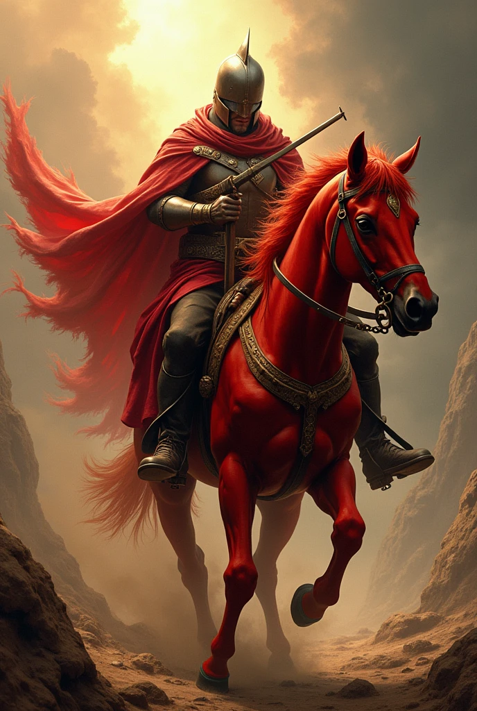 create the horseman of the apocalypse who represents war, riding a red horse.