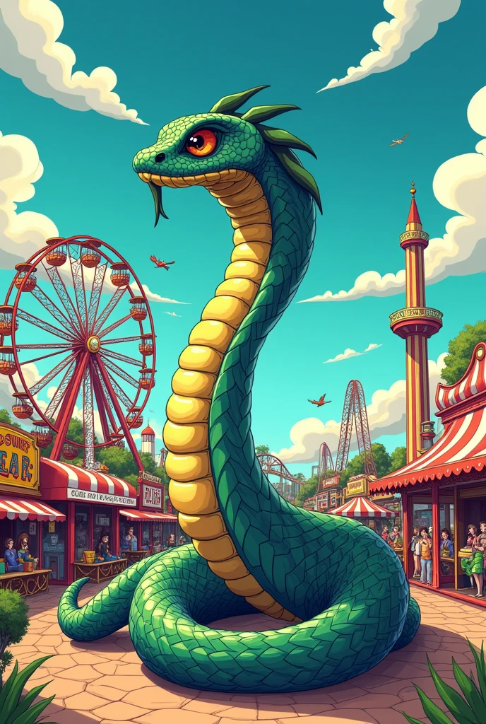 (( 90s drawing )) an amusement park with a ferris wheel and roller coaster and other park rides and in the center of the park there is a snake woman
