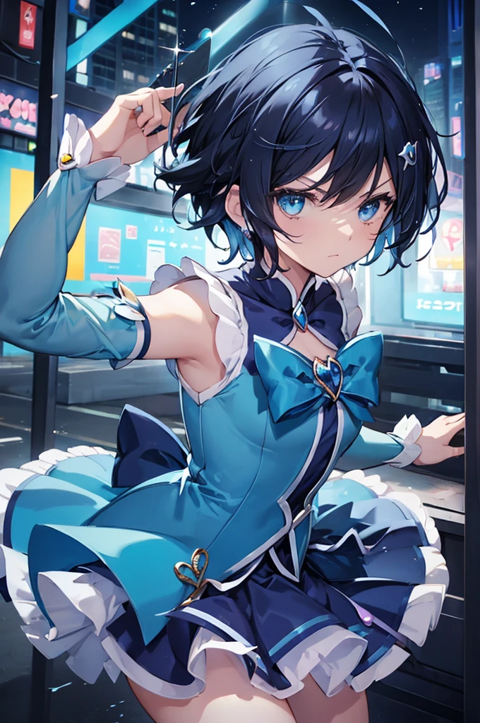 (((blue magical girl))), solo, black hair, (short hair), city town, angry, hair pin, monitor