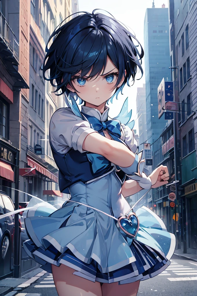(((blue magical girl))), solo, black hair, (short hair), city town, angry, hair pin, monitor