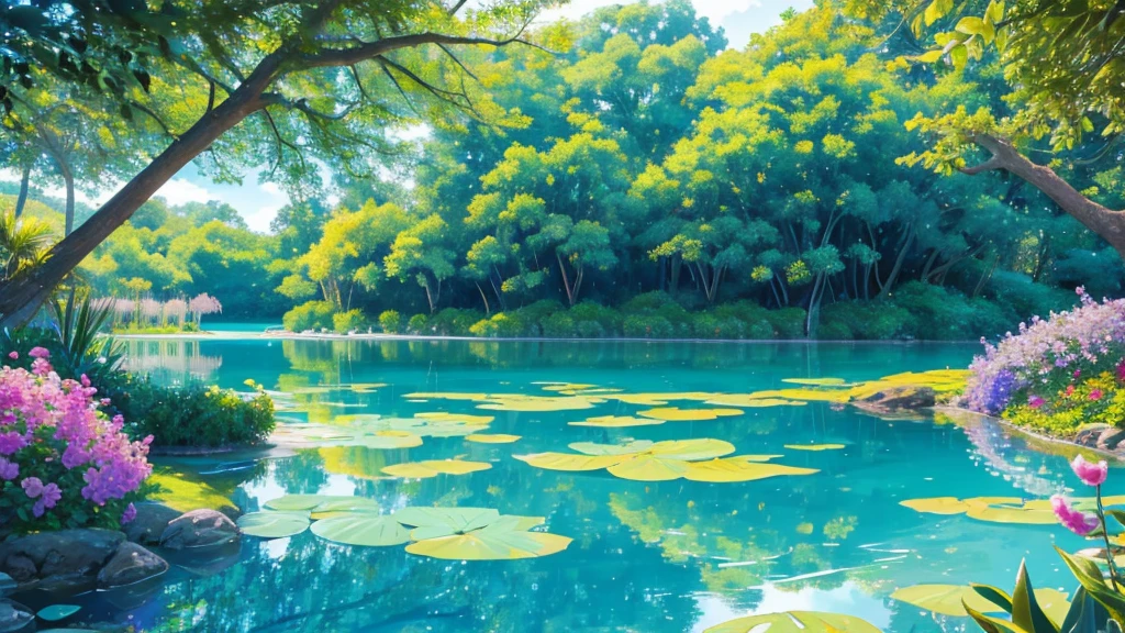Very large lagoon of silver water. You can see a bit of nature around, trees and bushes with very colorful flowers
